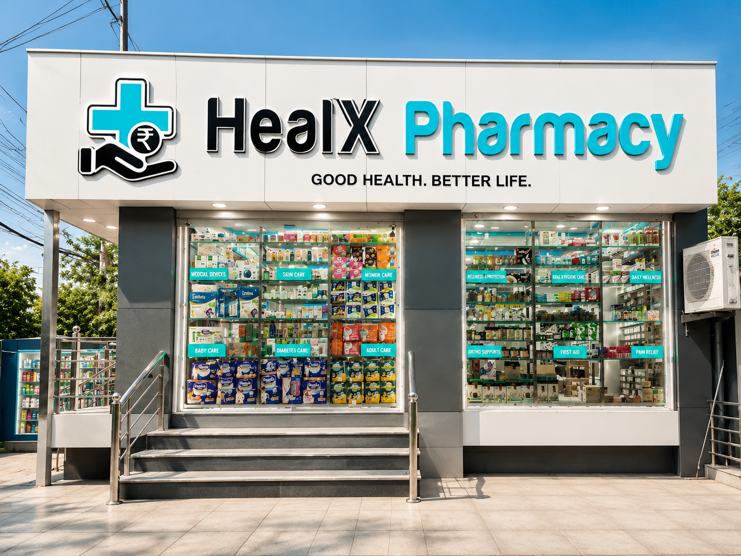 HealX Pharmacy Kathua photographed in daylight from street level, showing the white fascia, teal HealX Pharmacy signage and surrounding street context on a clear day